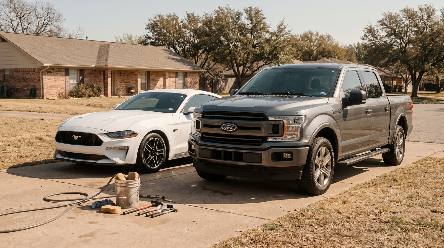 White Ford Mustang GT and grey Ford F-150 in a suburban driveway on a spring maintenance day