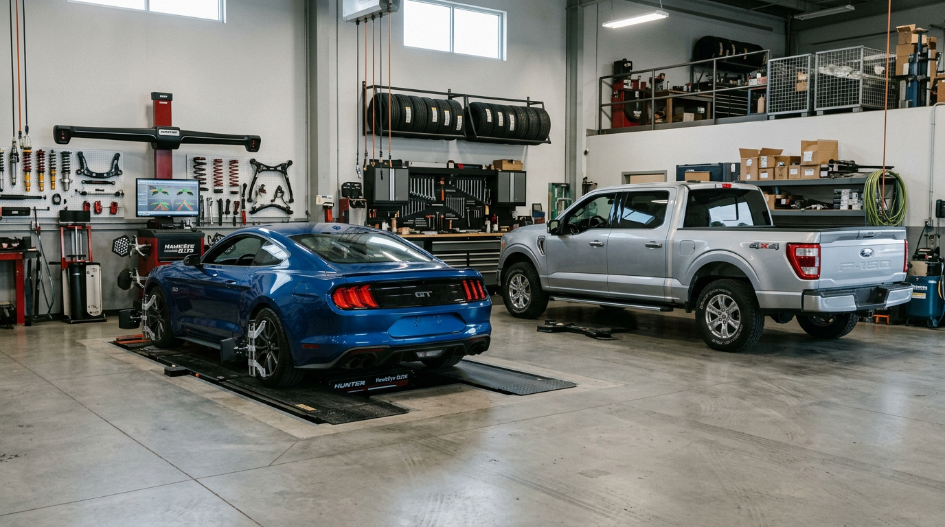 Blue Ford Mustang GT and silver Ford F-150 in a suspension shop