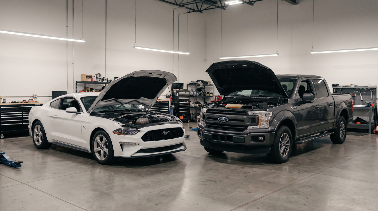 White Ford Mustang GT and grey Ford F-150 with hoods open in a performance shop