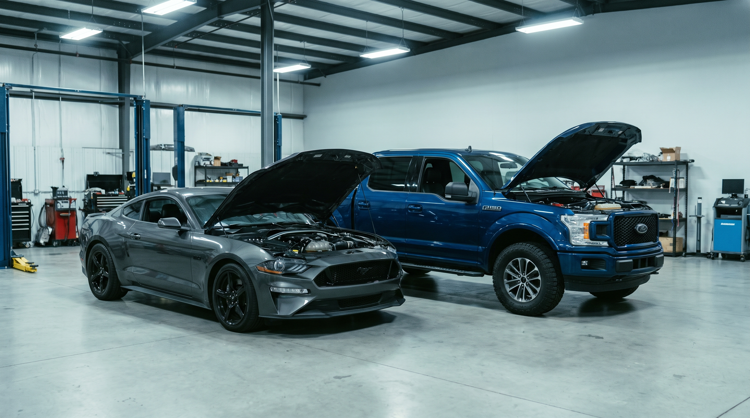Grey Ford Mustang GT and blue Ford F-150 with hoods open in a tuning shop