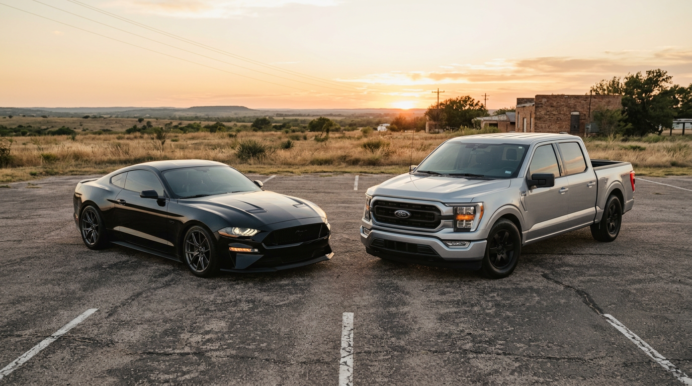 Lowered black Ford Mustang GT and silver Ford F-150 parked on a Texas lot at golden hour