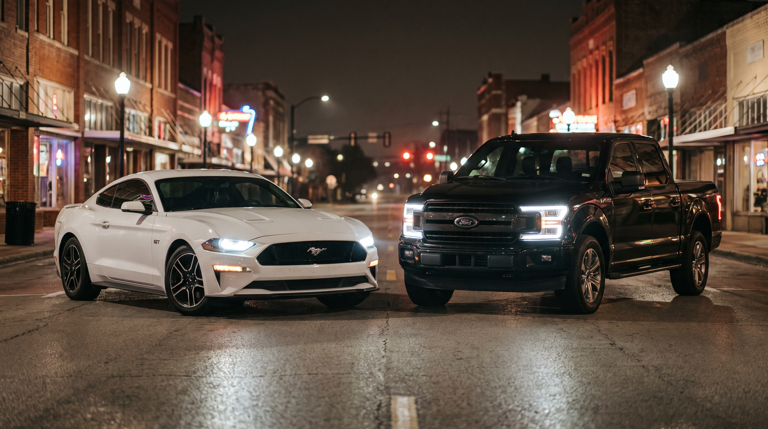 White Ford Mustang GT and black Ford F-150 with LED headlights on at night