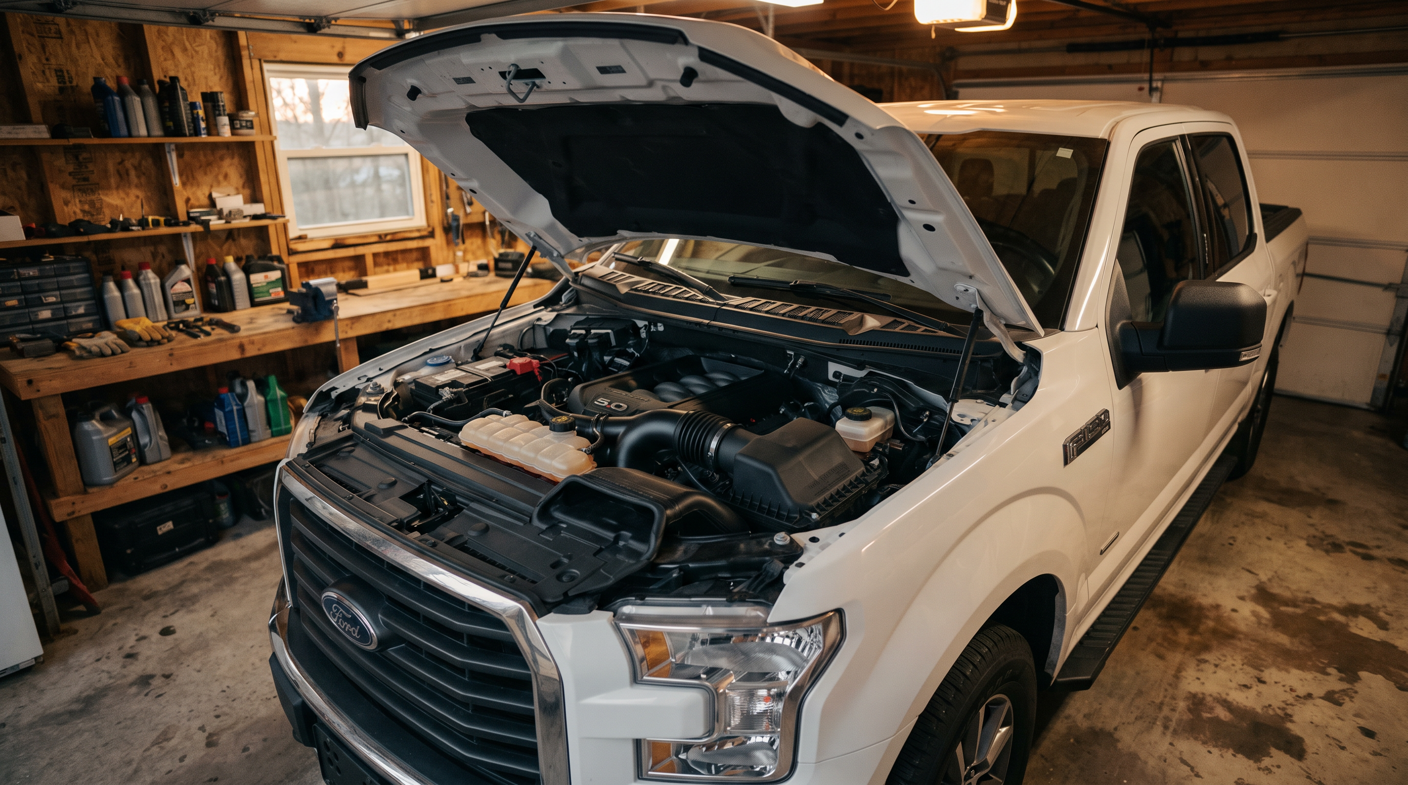 White 2015-2020 Ford F-150 with the hood open over a 5.0 Coyote V8 in a garage