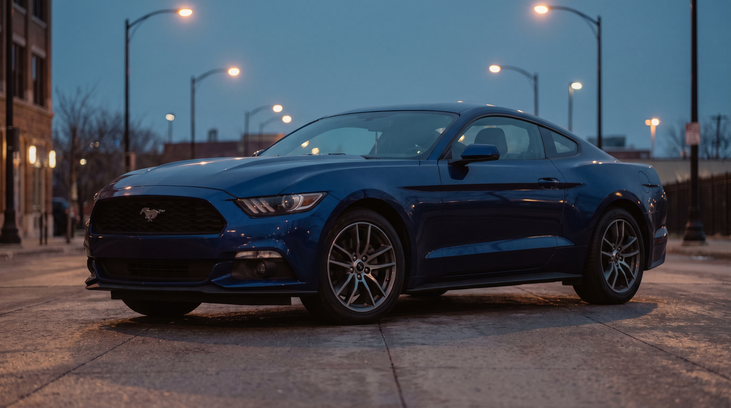 Blue 2015-2023 S550 Ford Mustang EcoBoost on an urban street at dusk