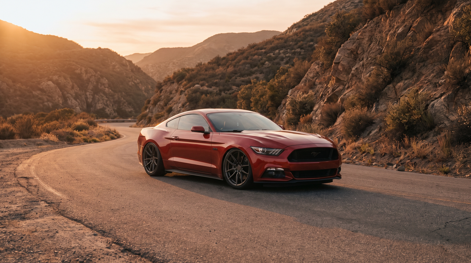 Red lowered 2015-2023 S550 Ford Mustang GT on a canyon road at golden hour