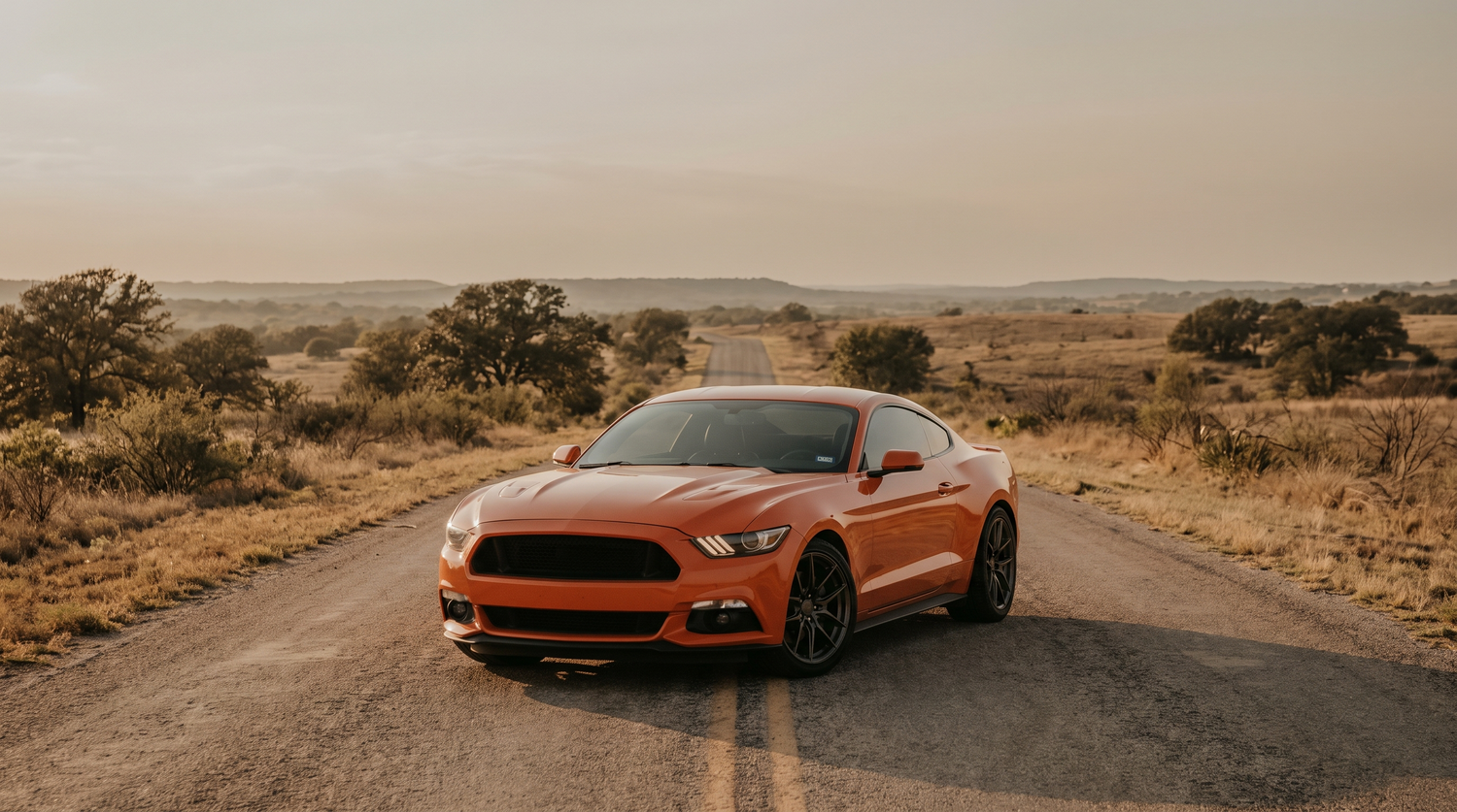 Orange 2015-2023 S550 Ford Mustang GT on an open Texas road at golden hour