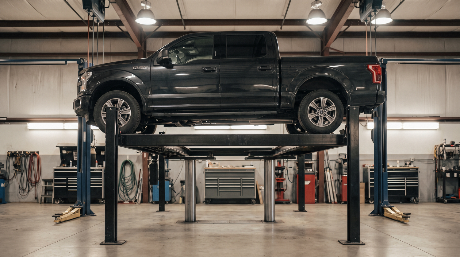 Black 2015-2020 Ford F-150 raised on a professional shop lift
