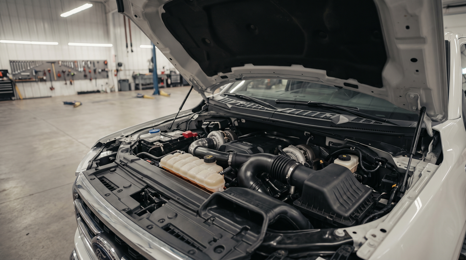 Open engine bay of a 2021+ Ford F-150 3.5 twin-turbo EcoBoost V6 in a bright garage