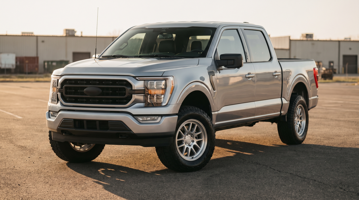 Silver 2021+ Ford F-150 on a paved lot at golden hour showing aftermarket wheels
