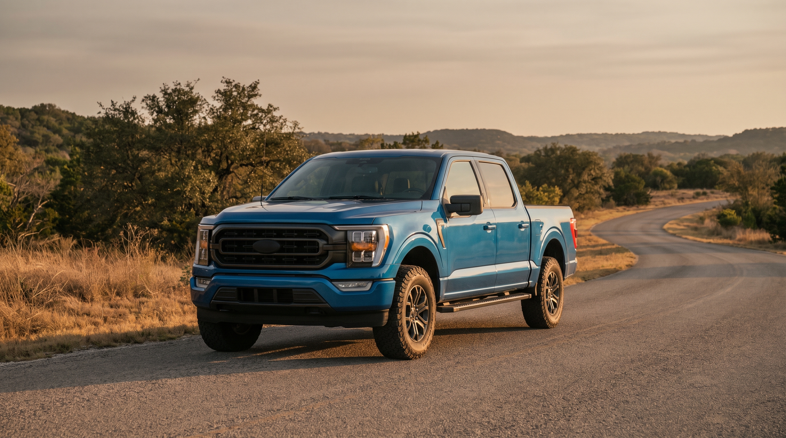 Metallic blue 2021+ Ford F-150 on a Texas Hill Country road at golden hour