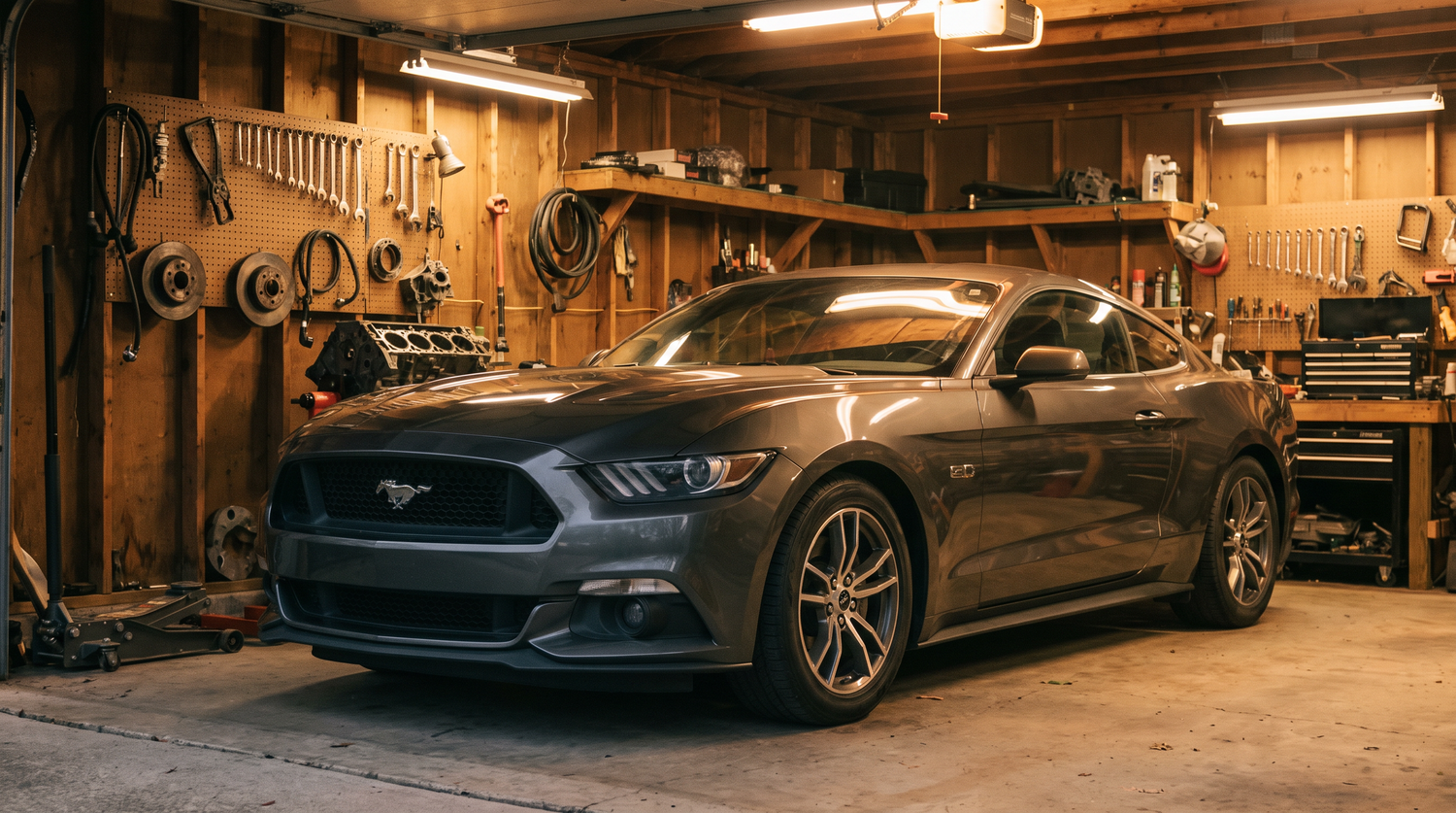 Gunmetal grey 2015-2023 S550 Ford Mustang GT in a home garage build setting