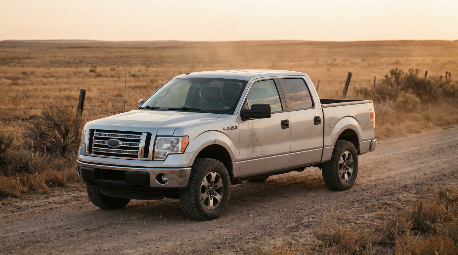 Silver 2009-2014 12th-generation Ford F-150 on a rural Texas ranch road at golden hour