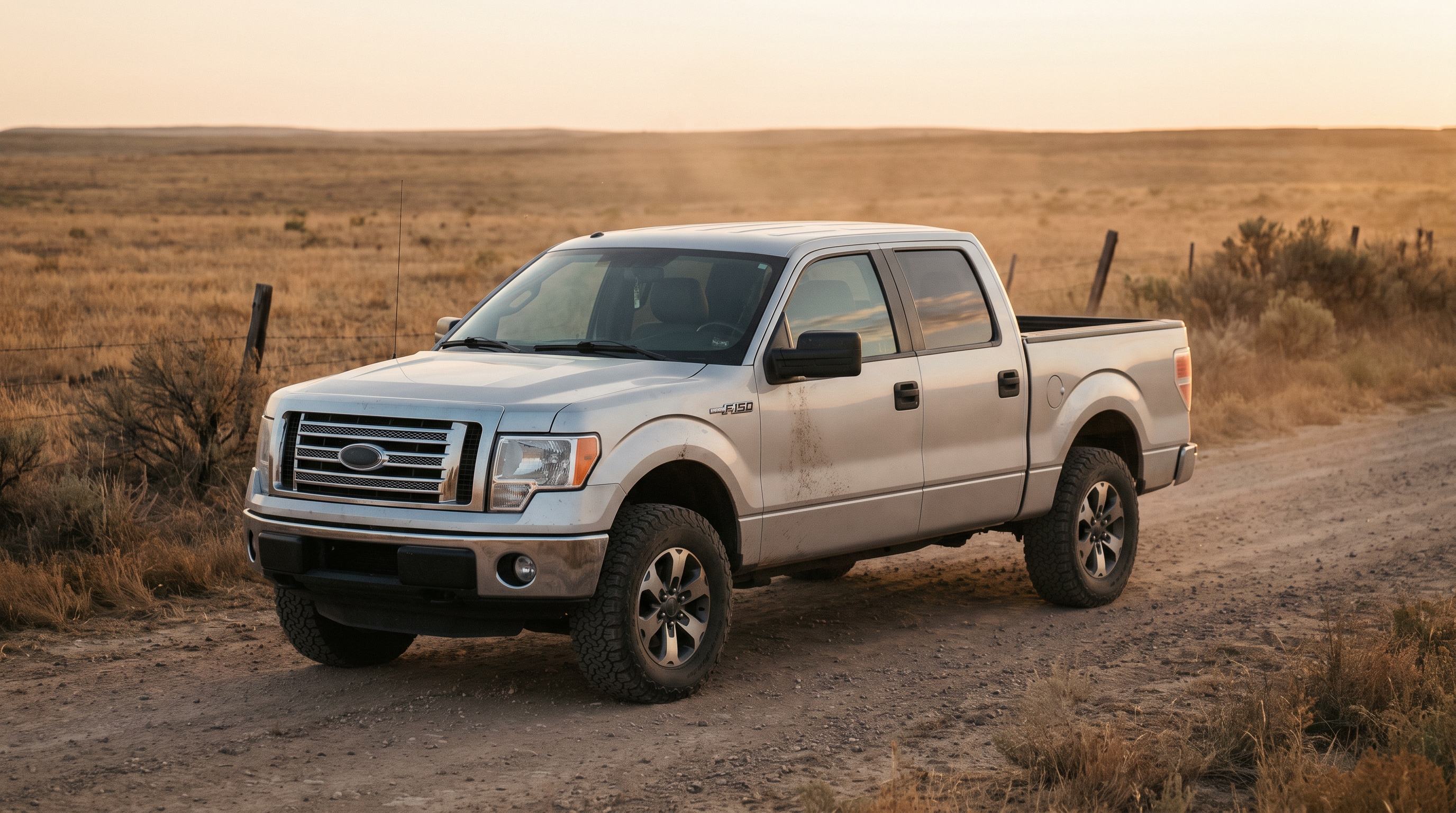 Silver 2009-2014 12th-generation Ford F-150 on a rural Texas ranch road at golden hour