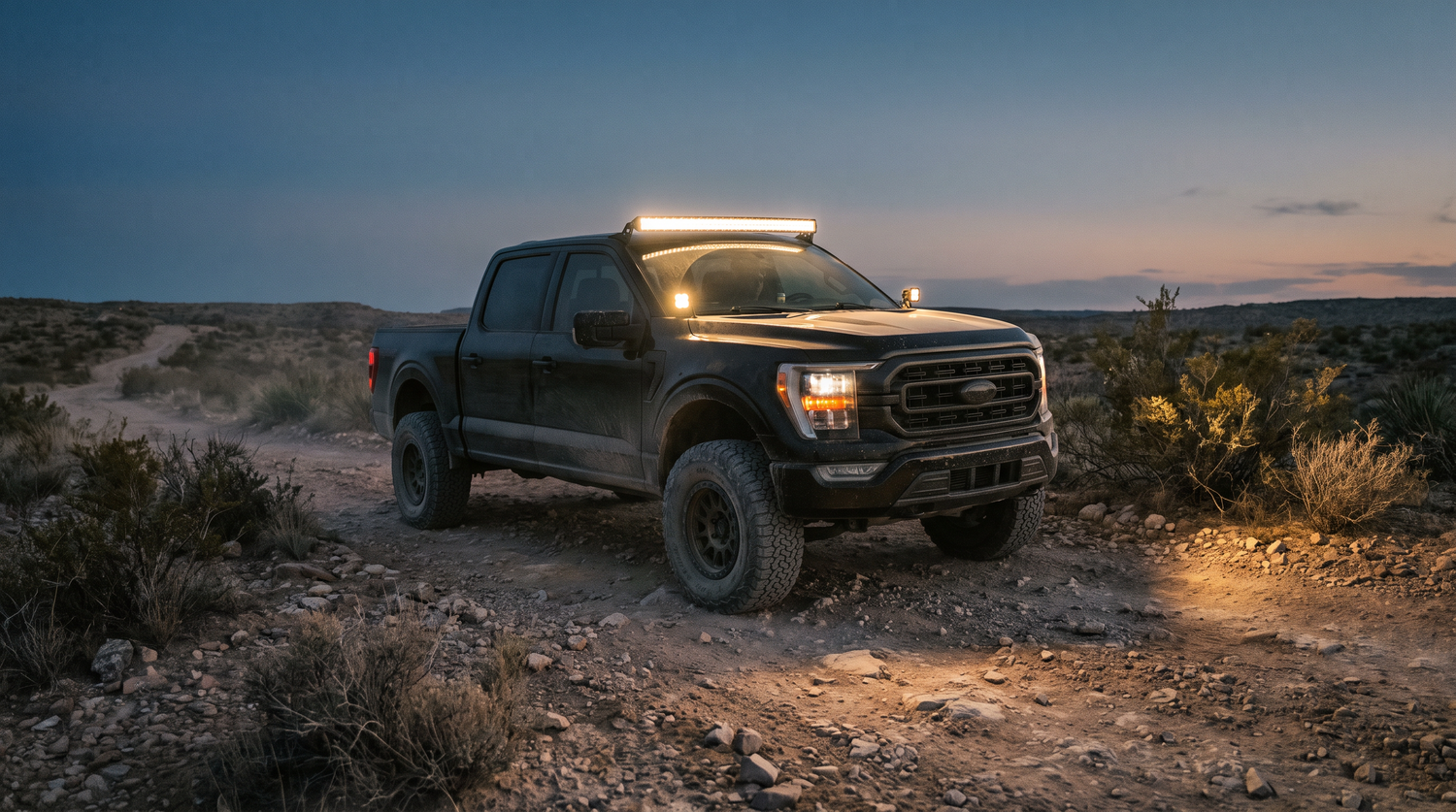 Black 2021+ Ford F-150 on a desert trail at dusk with LED light bar and pods illuminated