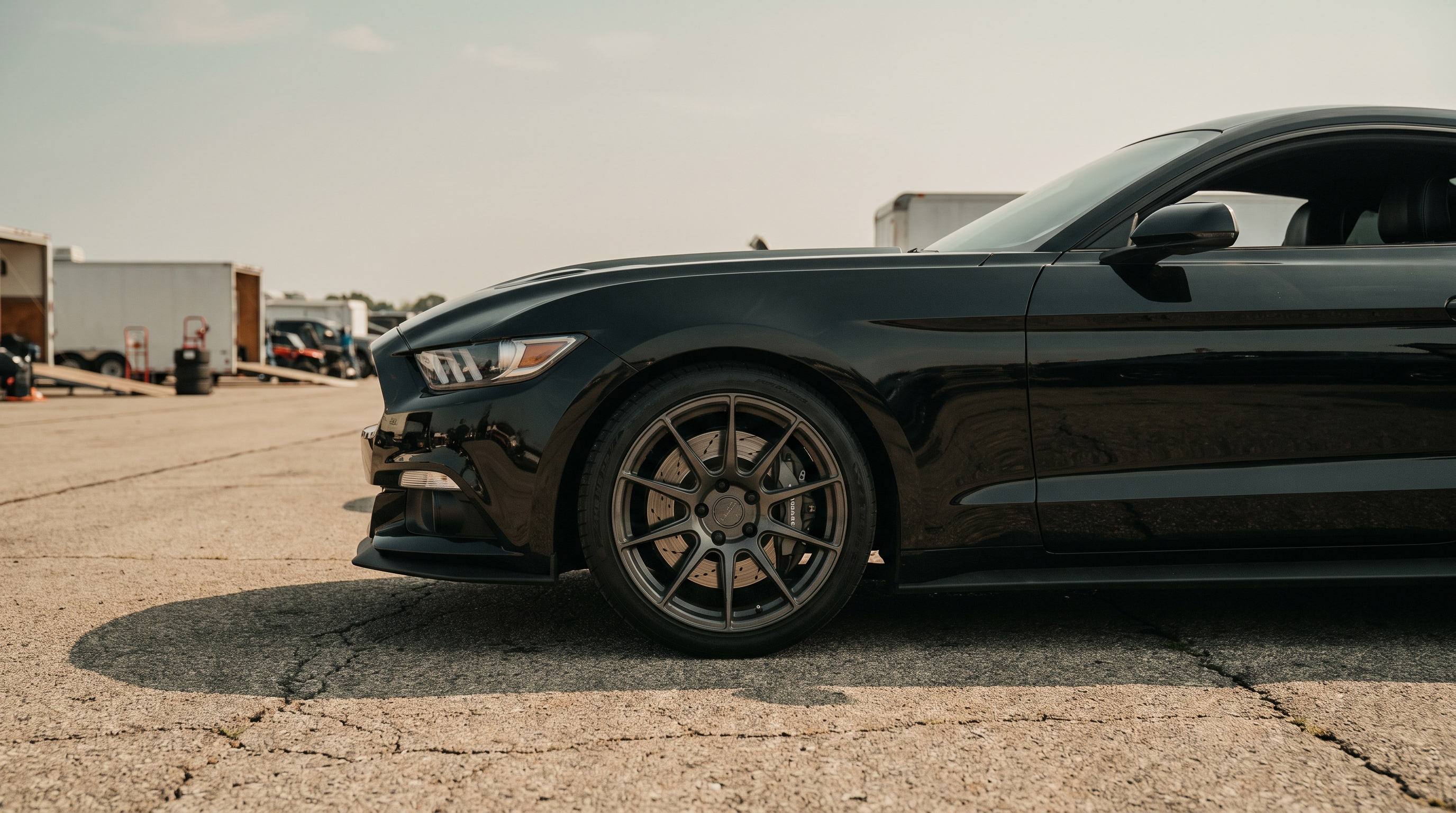 Black 2015-2023 S550 Ford Mustang GT in a race paddock showing a big front brake