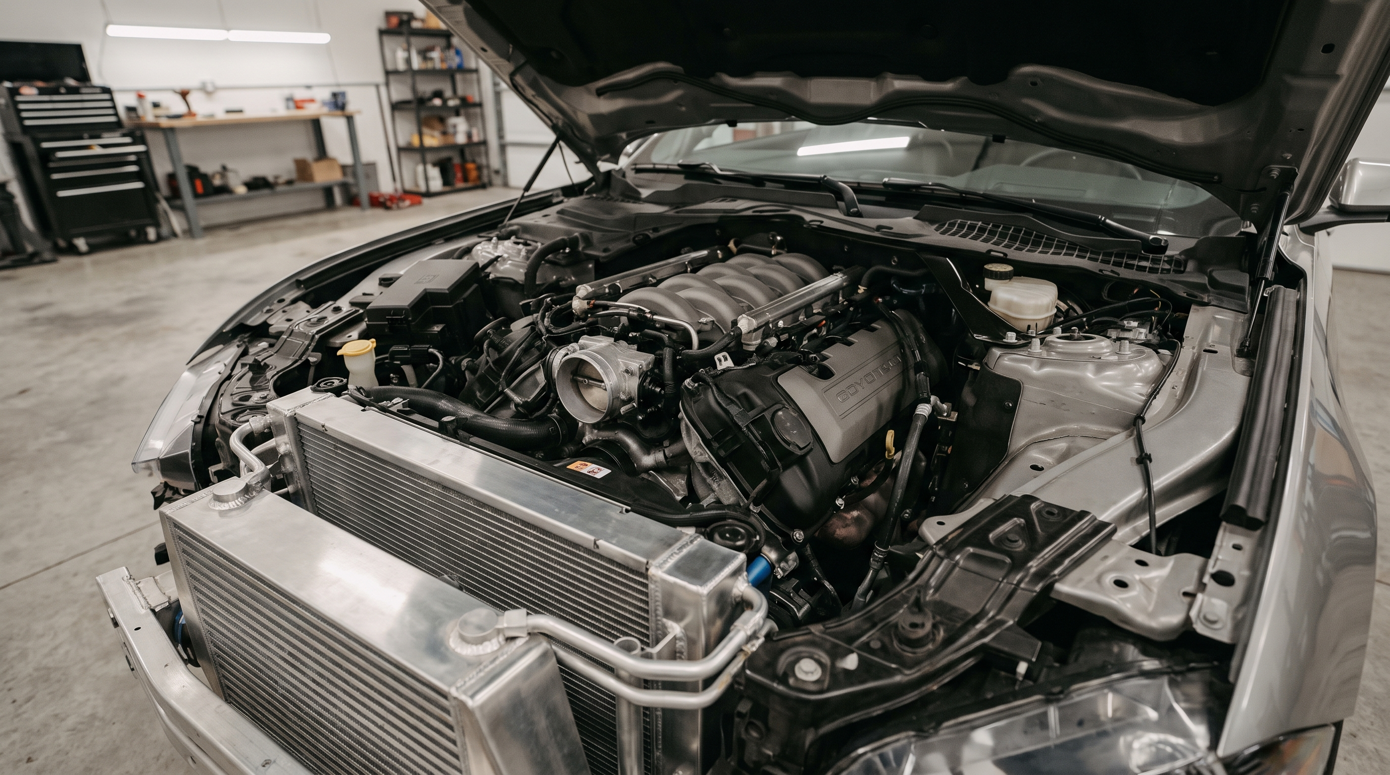 Open engine bay of an S550 Ford Mustang GT showing the Coyote V8 and cooling hardware