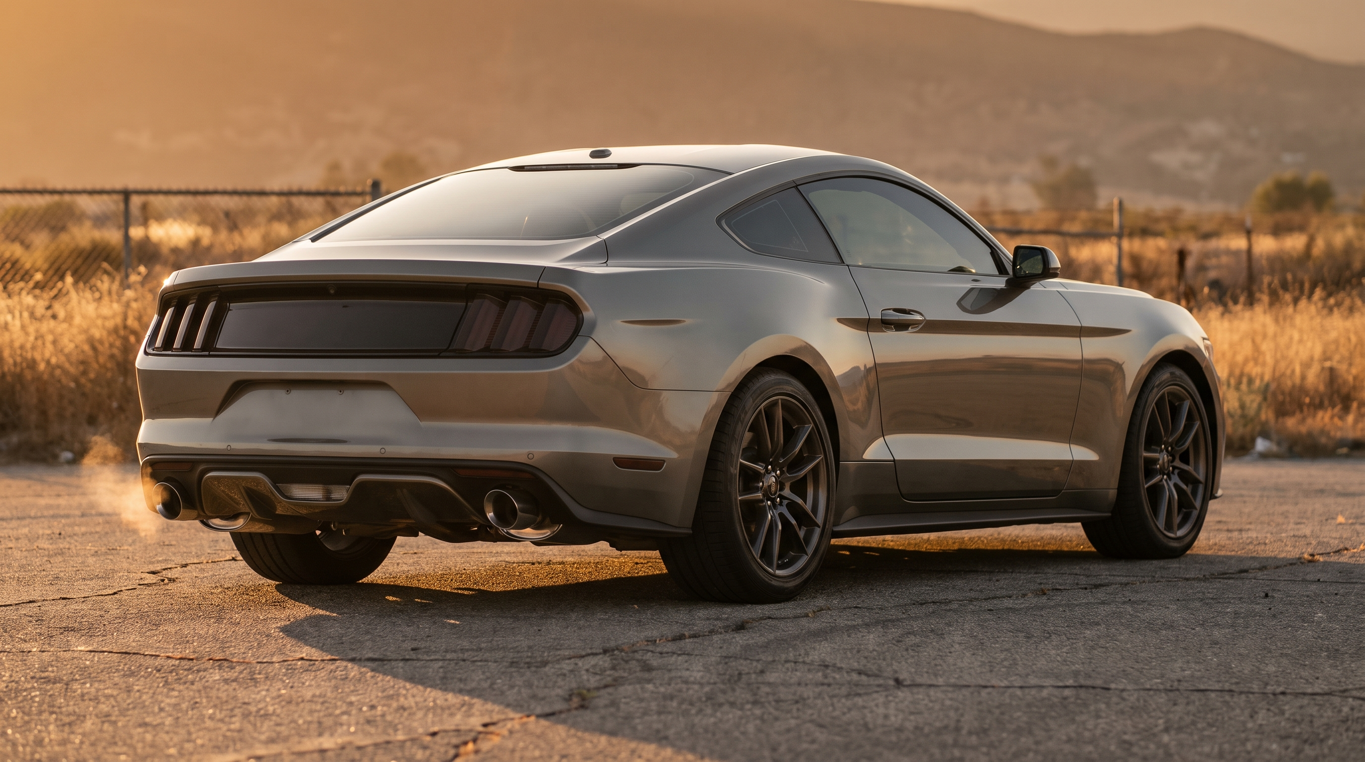 Grey S550 Ford Mustang GT rear three-quarter showing exhaust tips at golden hour