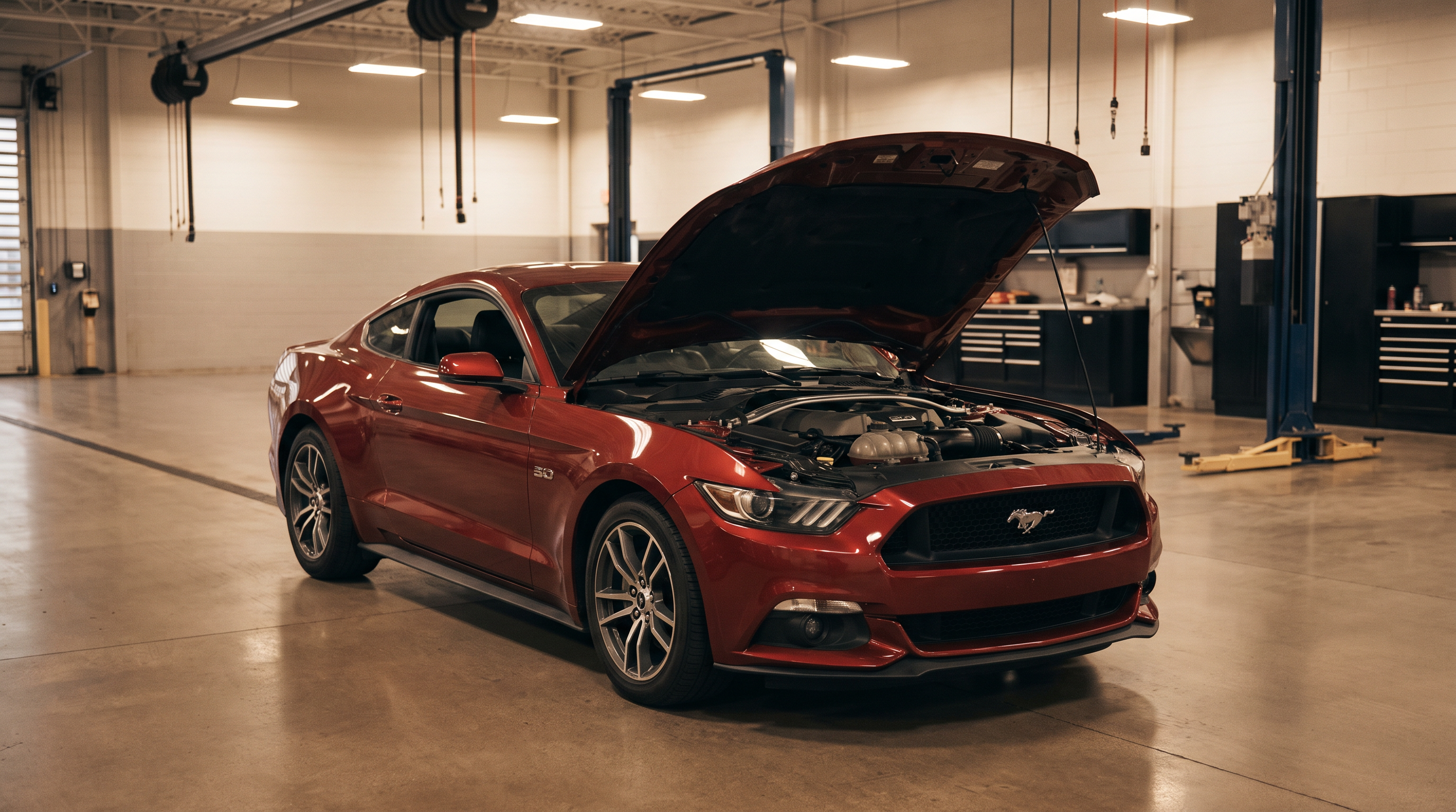 Red S550 Ford Mustang GT with the hood open in a clean service garage bay