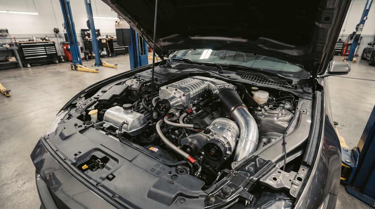 Open engine bay of an S550 Ford Mustang GT with a positive-displacement supercharger on the Coyote V8
