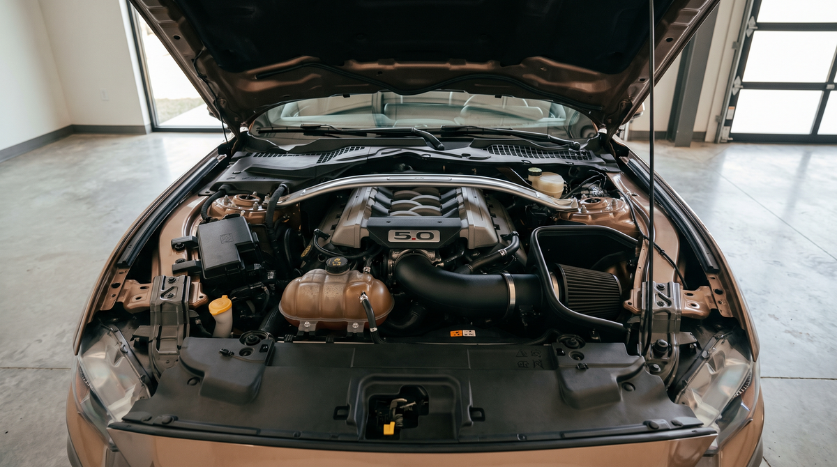 Open engine bay of a 2024+ S650 Ford Mustang GT with a cold air intake on the Coyote V8
