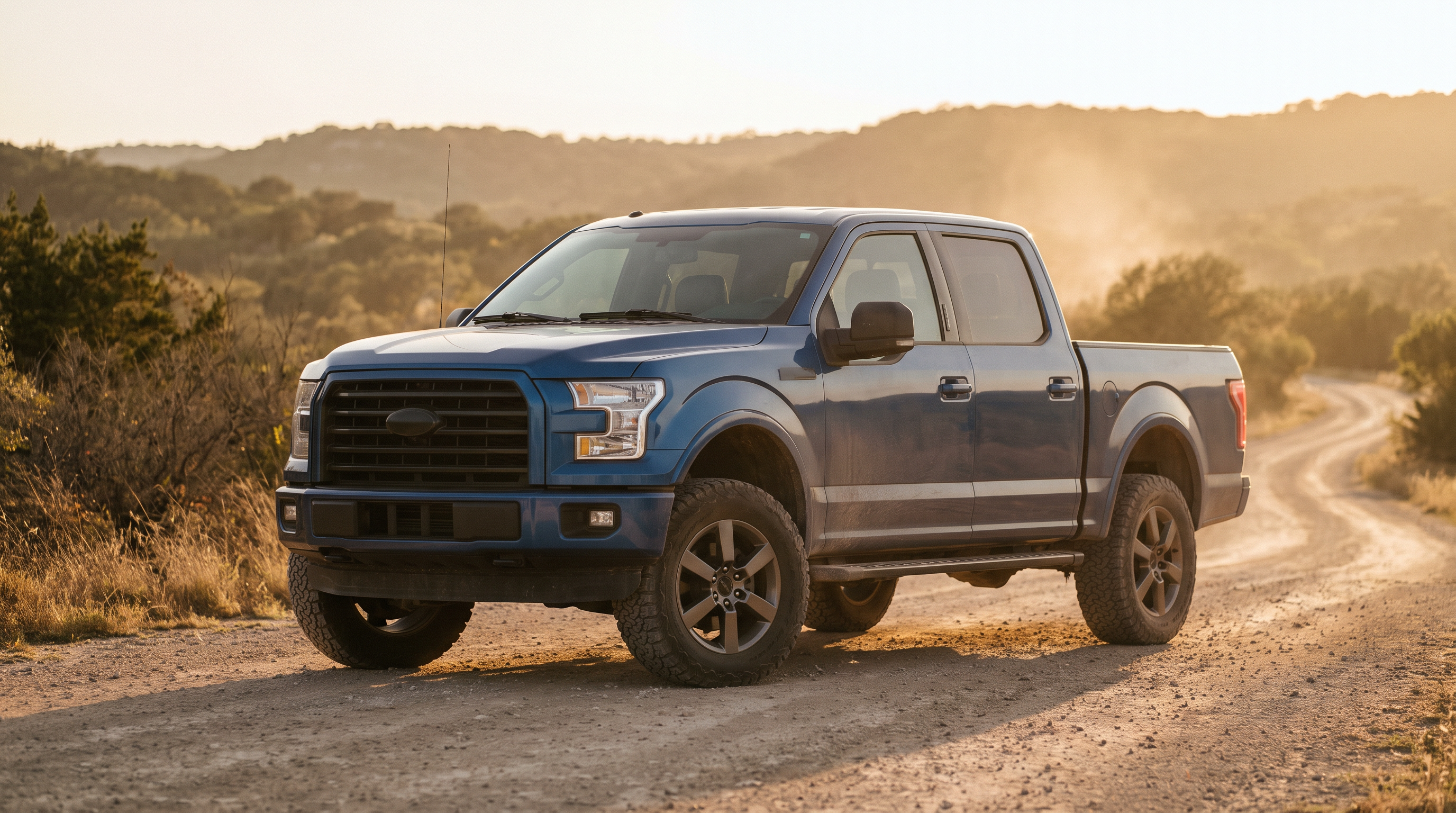 Blue 2021+ Ford F-150 with the 2.7 EcoBoost on a Texas Hill Country road at golden hour