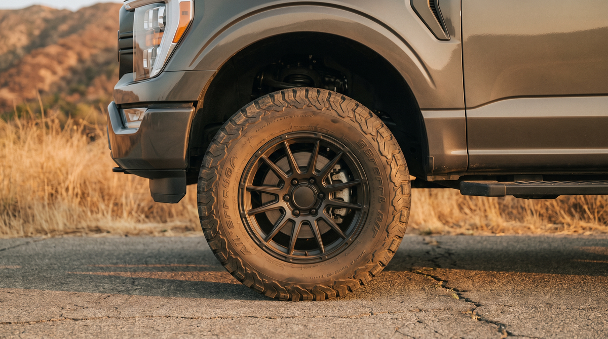 Low view of a 2021+ Ford F-150 on large all-terrain tires and aftermarket wheels