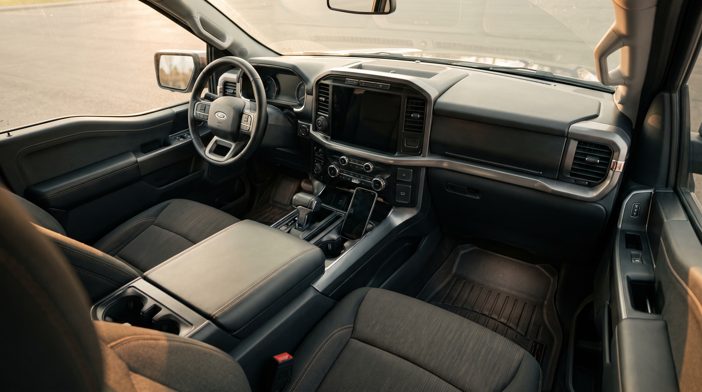 Upgraded interior of a 2021+ Ford F-150 SuperCrew with floor liners and a clean modern dash