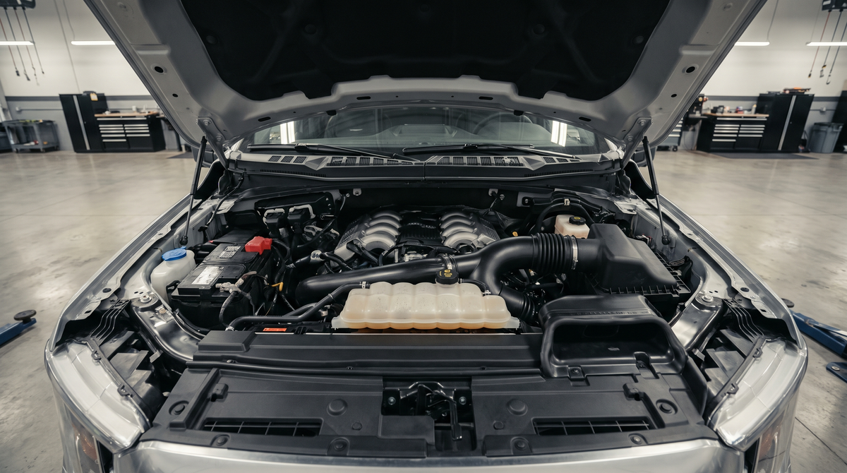 Open engine bay of a 2021+ Ford F-150 twin-turbo 3.5 EcoBoost V6 in a shop