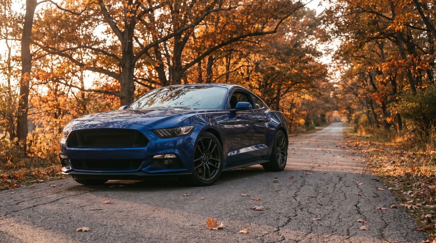 Blue S550 Ford Mustang GT on an autumn tree-lined road with fall foliage