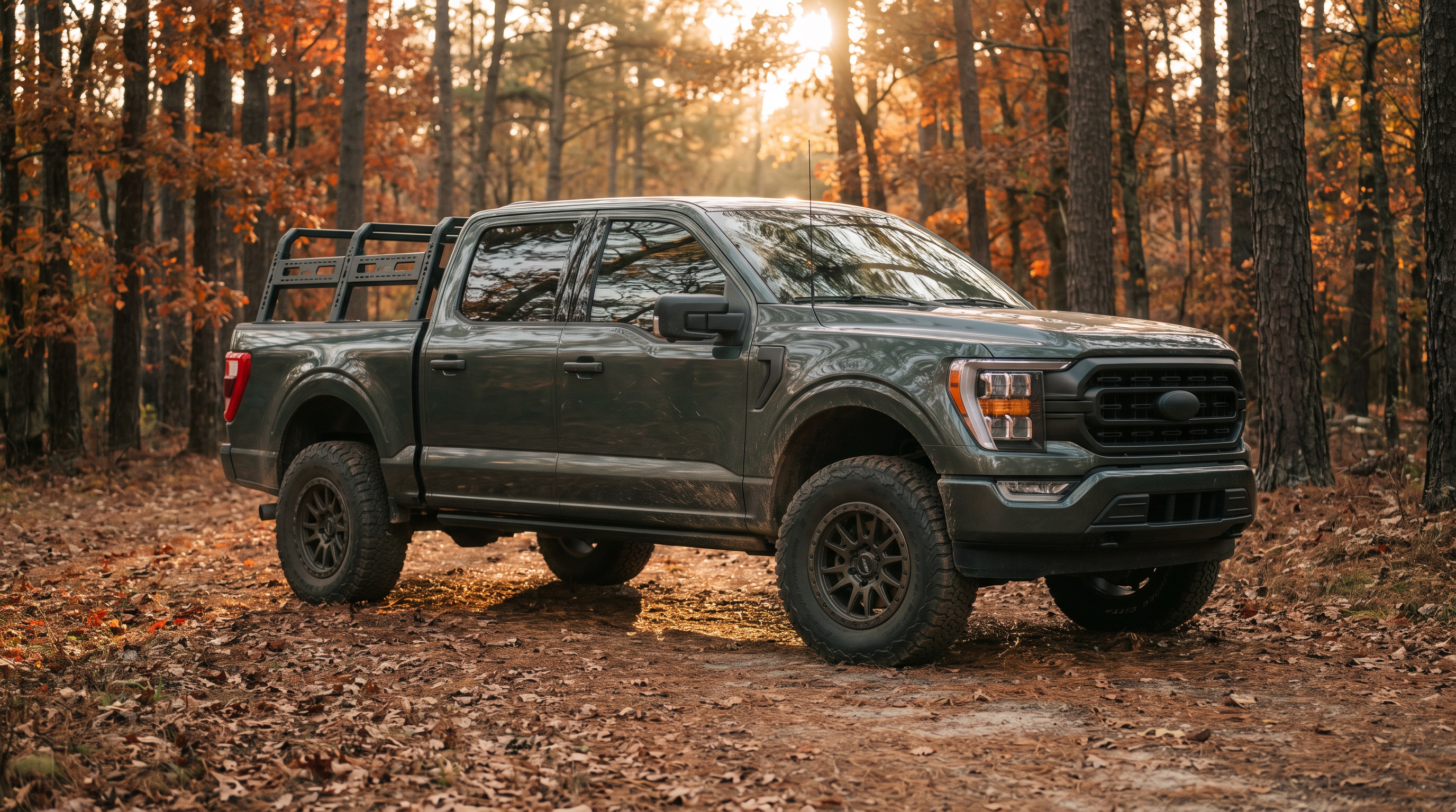Green 2021+ Ford F-150 with a bed rack on a forest trail with autumn foliage