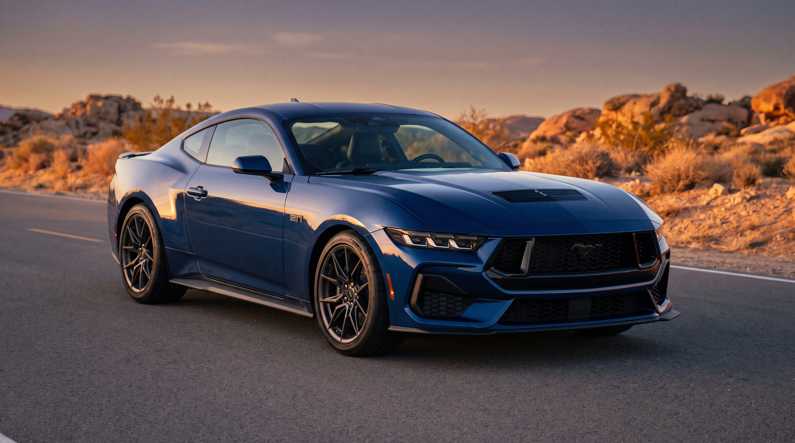 Vivid metallic blue 2024+ S650 Ford Mustang GT at golden hour showing a bold color
