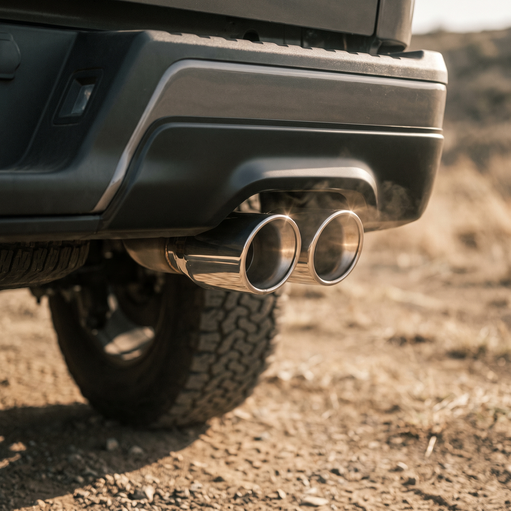 Stainless steel catback exhaust tips on a 2021 Ford F-150 5.0