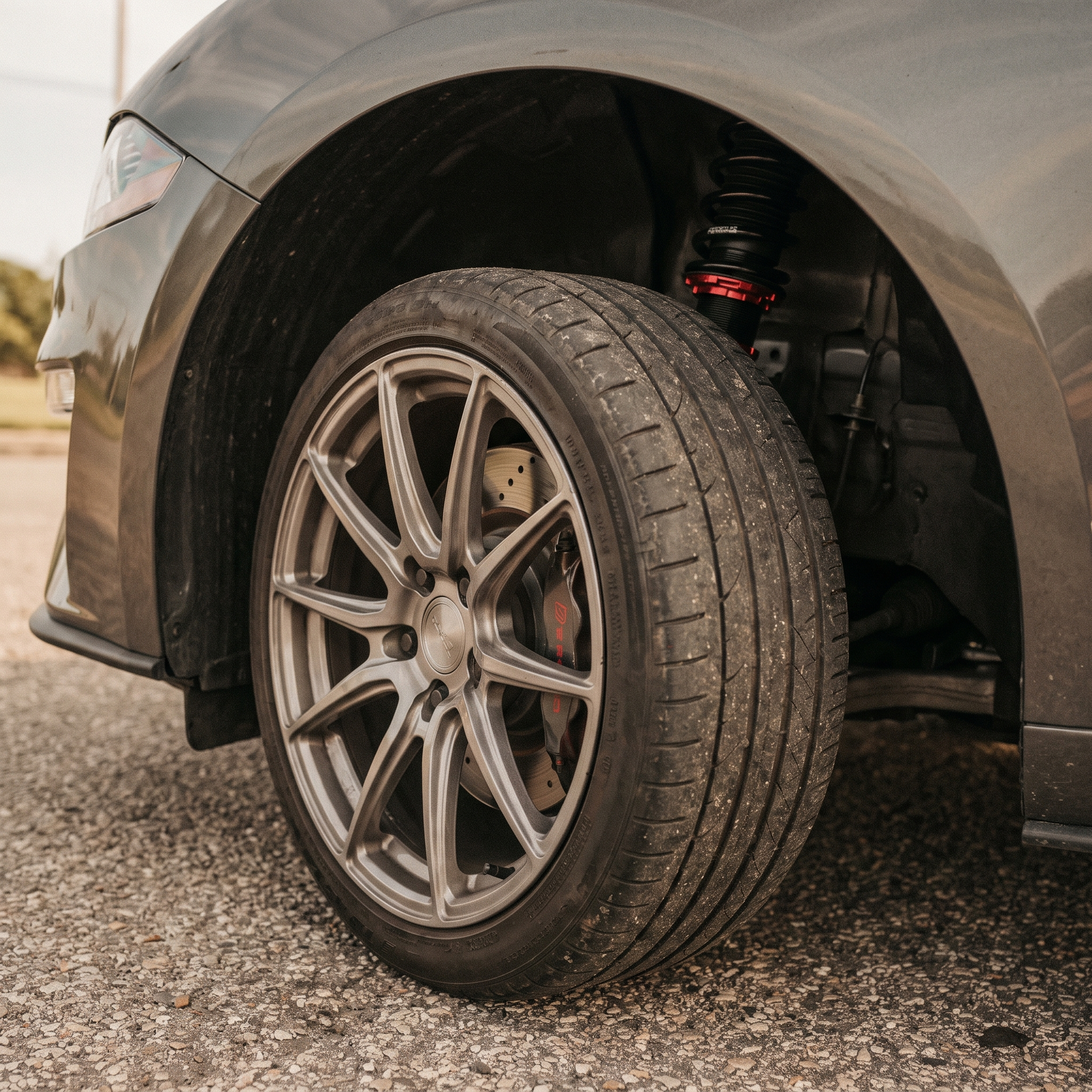 Coilover suspension on a lowered 2015-2023 Ford Mustang GT