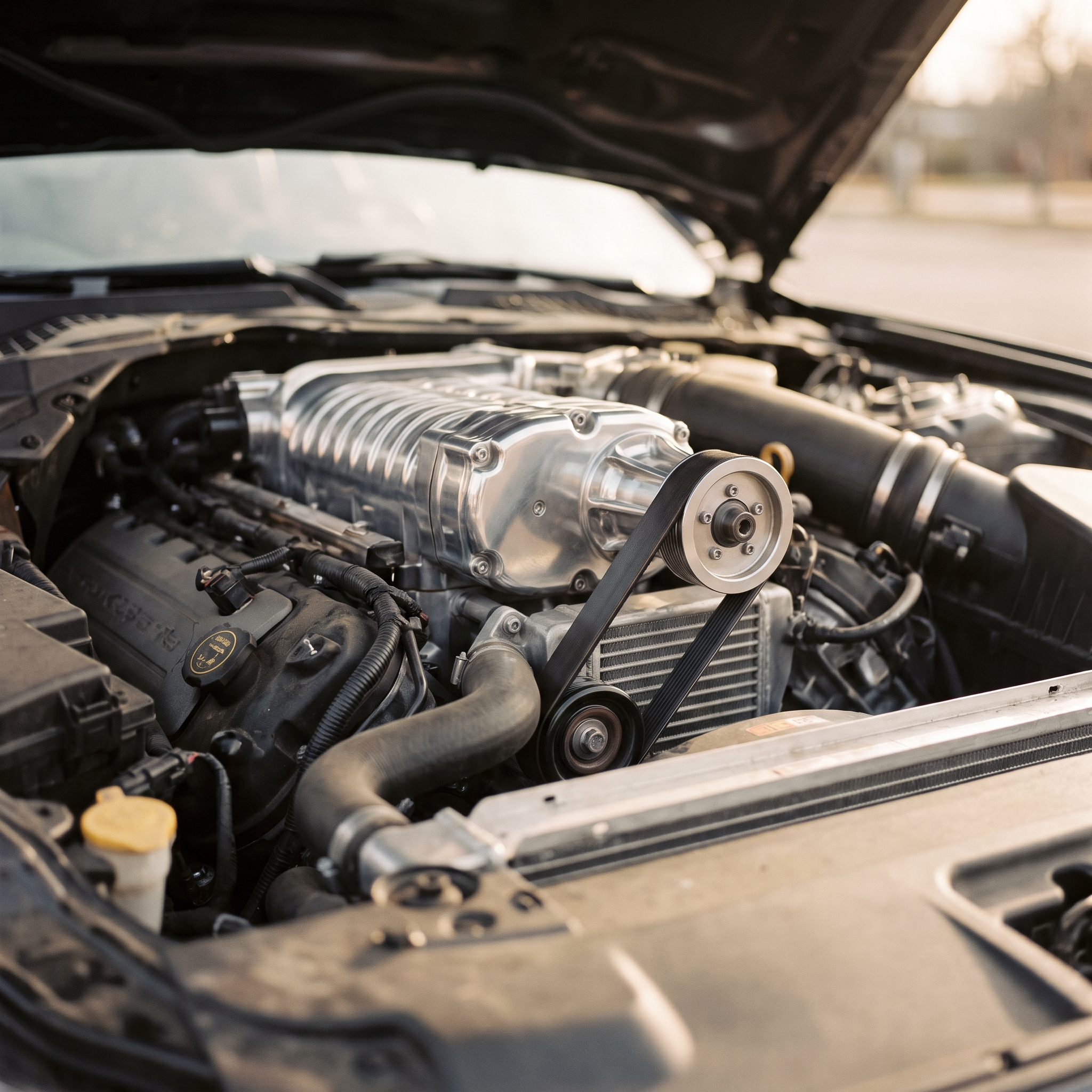 Aftermarket supercharger on a Ford Coyote 5.0 V8