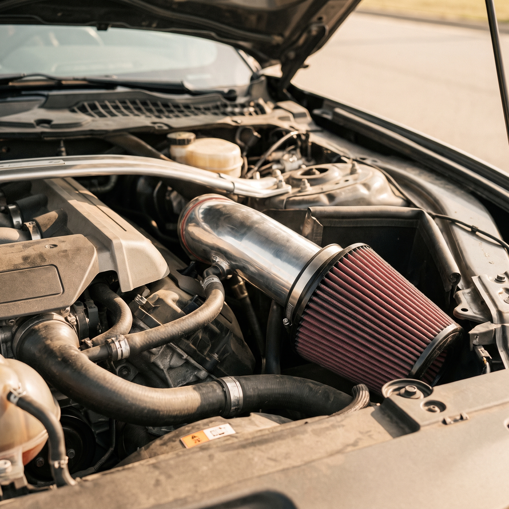 Aftermarket cold air intake on a Ford Coyote 5.0 V8 for Mustang and F-150