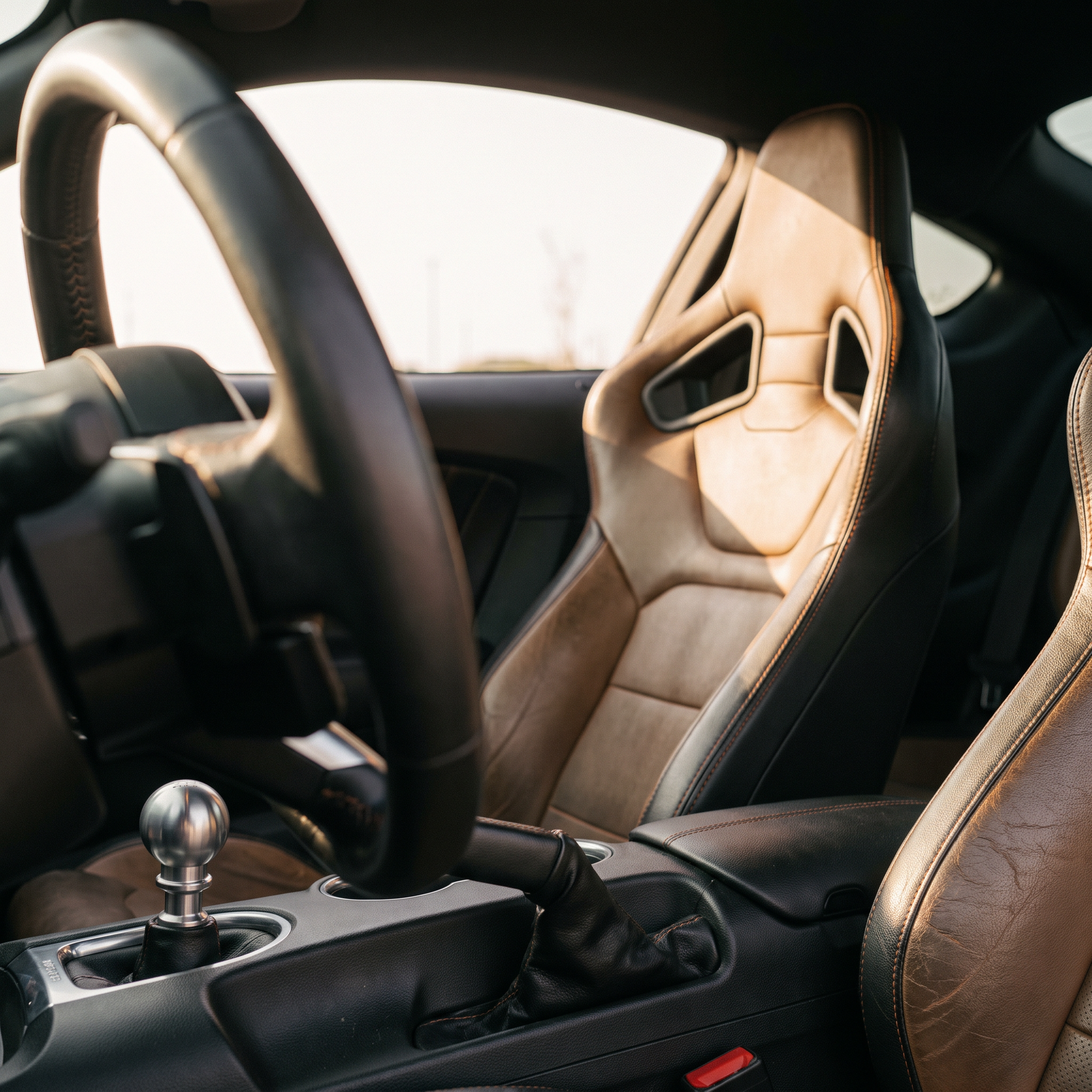 Aftermarket sport seat and shift knob in a Ford Mustang GT interior