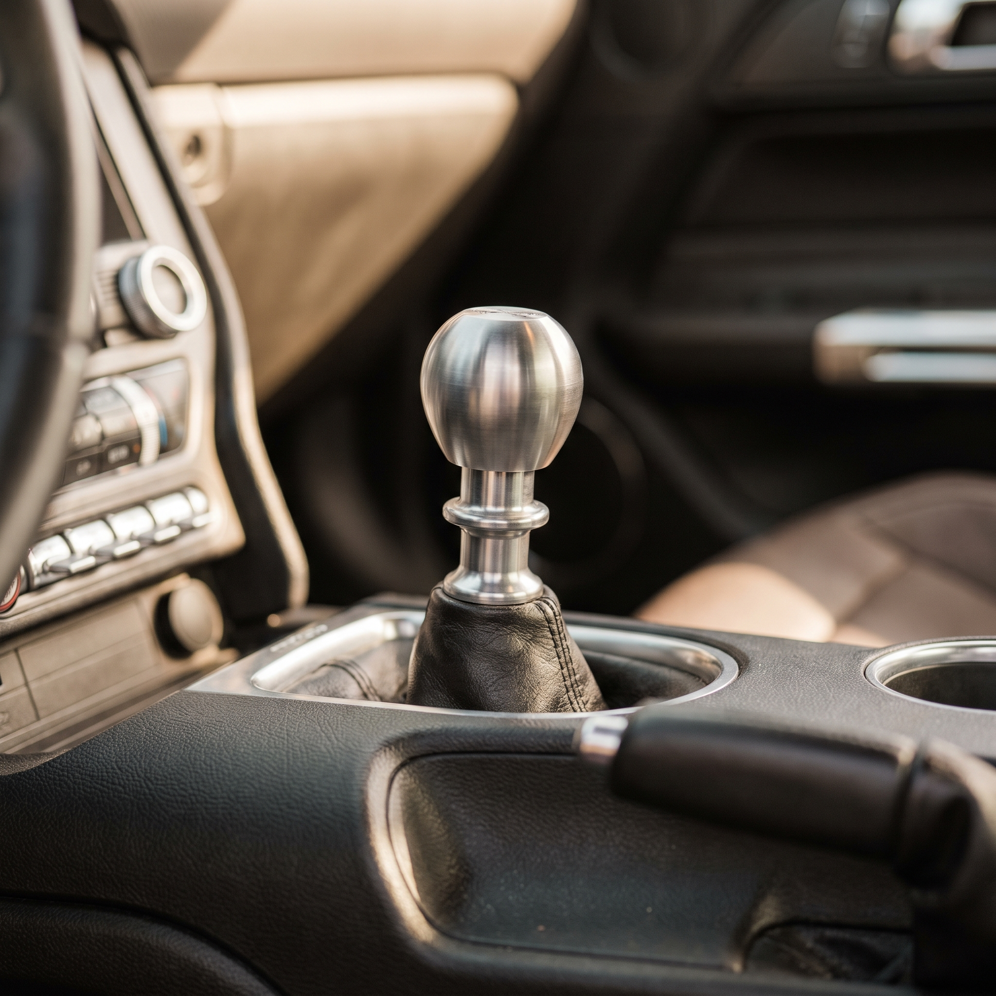 Billet aluminum short-throw shifter in a 2015-2023 Ford Mustang GT interior