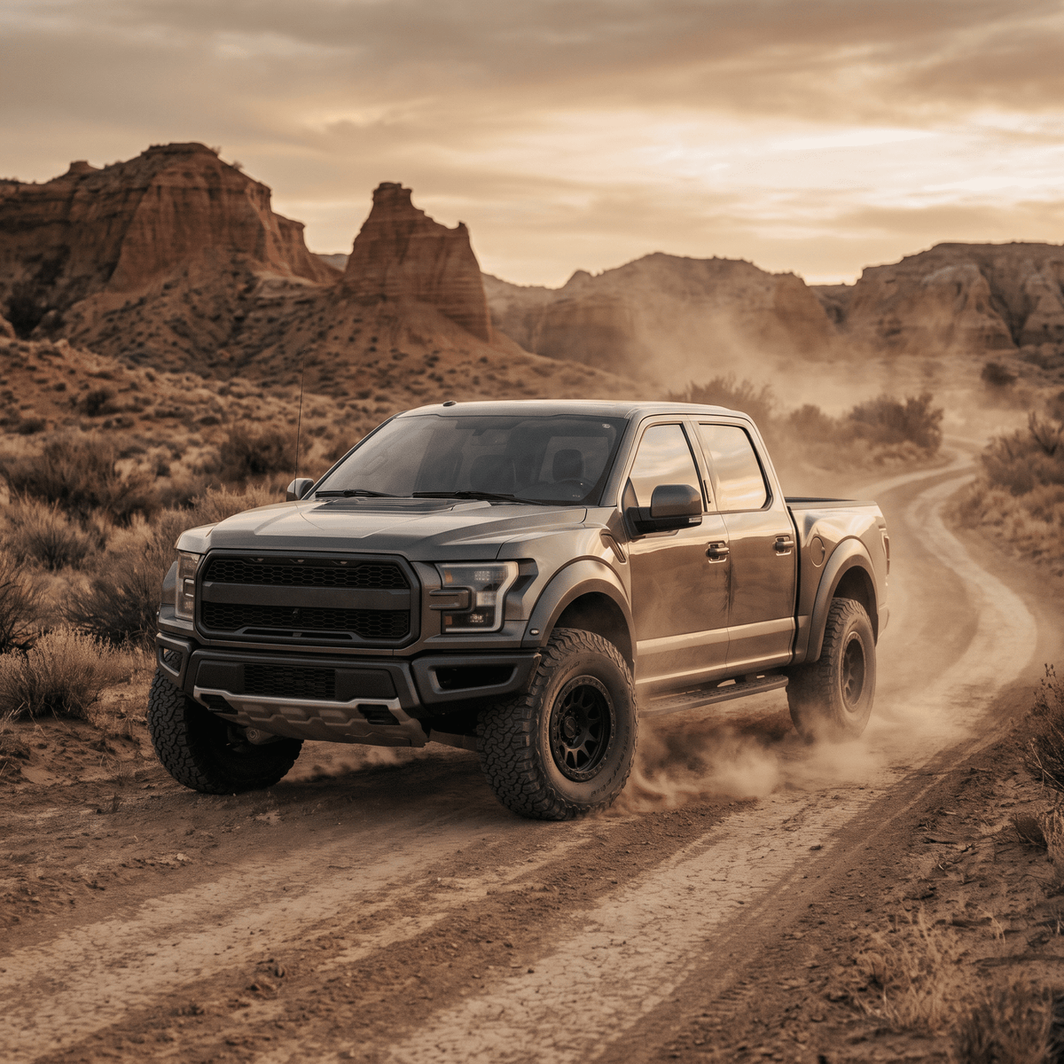 Gray Ford F-150 Raptor pickup truck driving on dusty desert dirt road