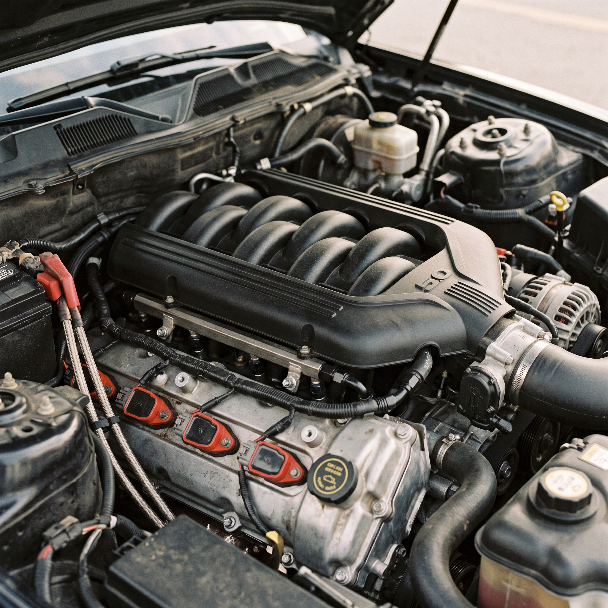 Ford Coyote 5.0 V8 engine bay with aftermarket performance parts