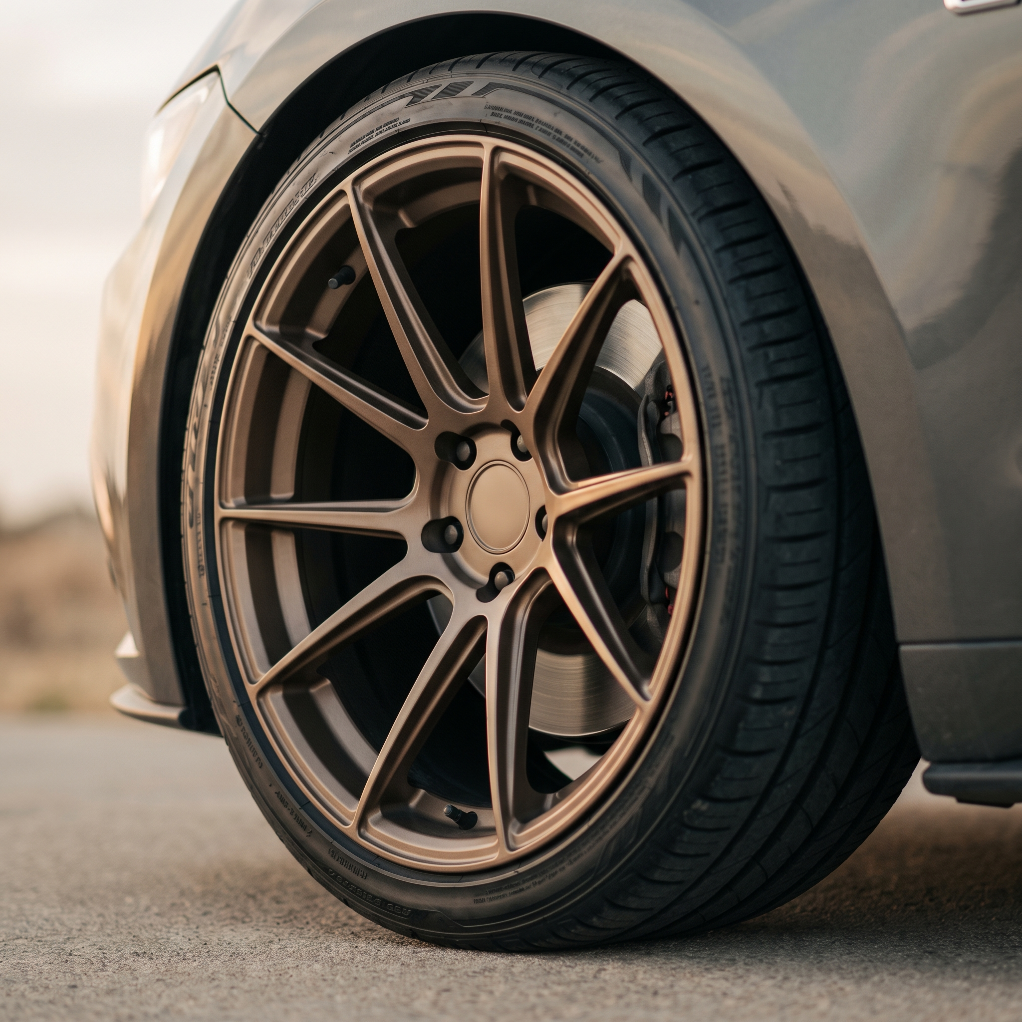 Bronze forged wheel and tire on a 2015-2023 Ford Mustang GT
