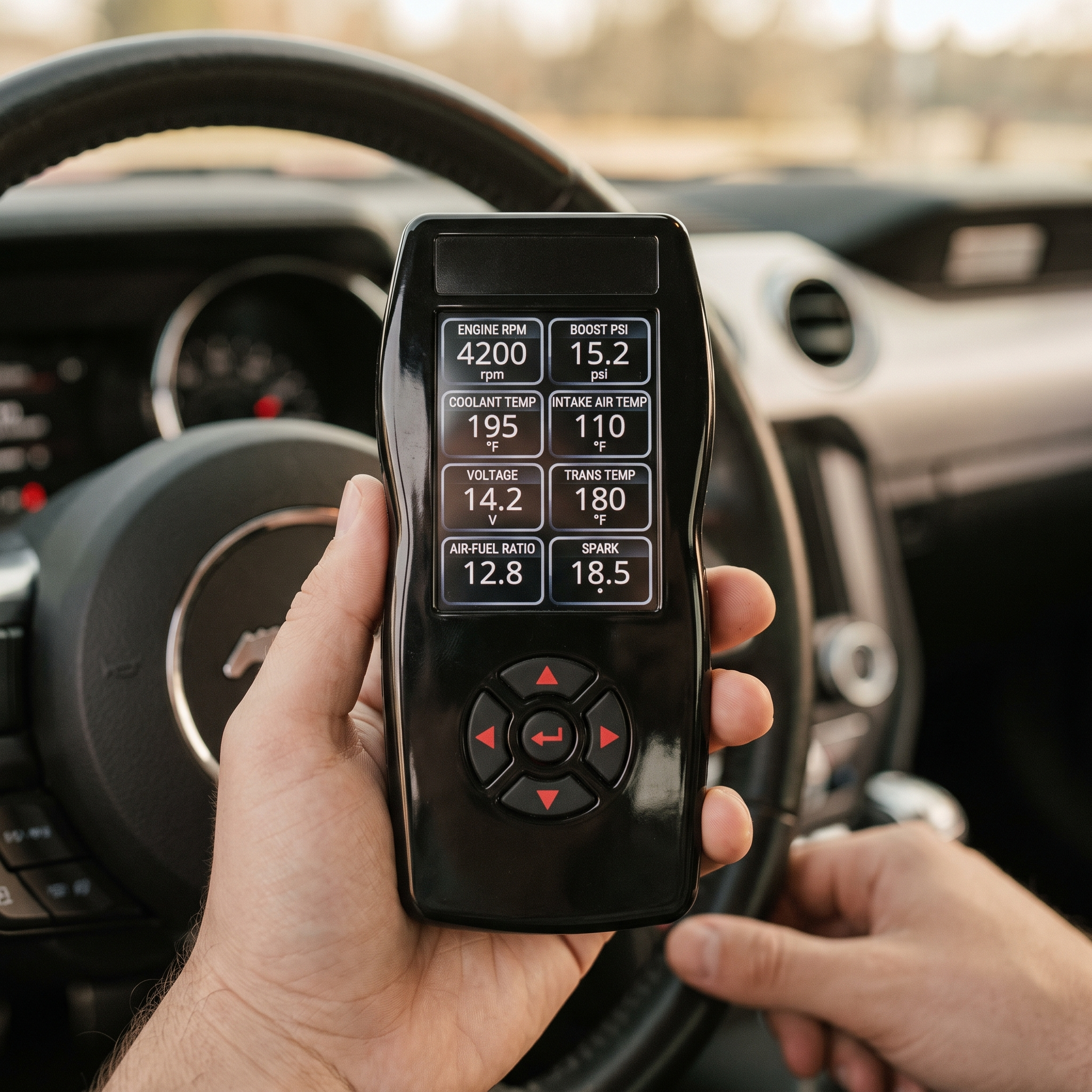 Handheld performance tuner with digital gauges for Ford Mustang and F-150