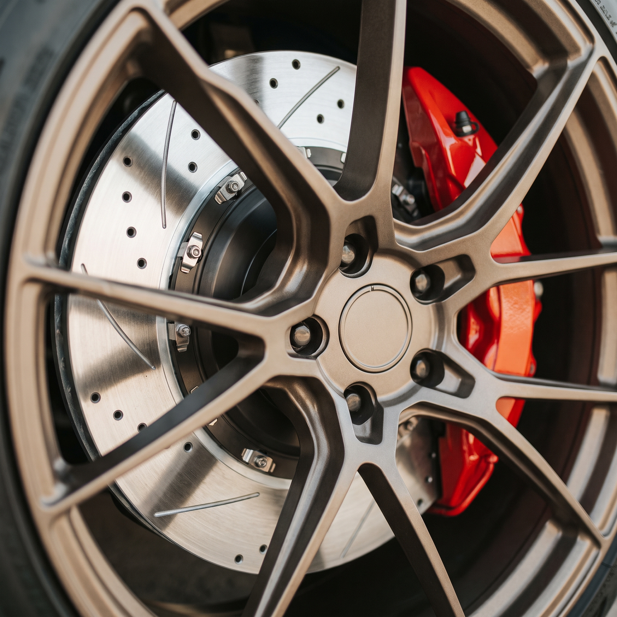 Performance big brake kit with red caliper and slotted rotor for 2015-2023 Ford Mustang GT