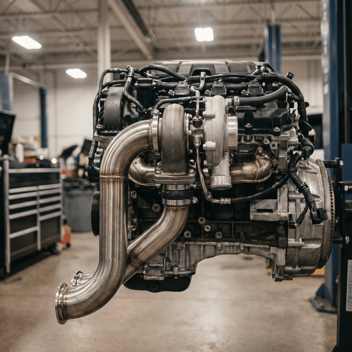 Polished stainless steel turbo manifold and turbocharger assembly on automotive engine block