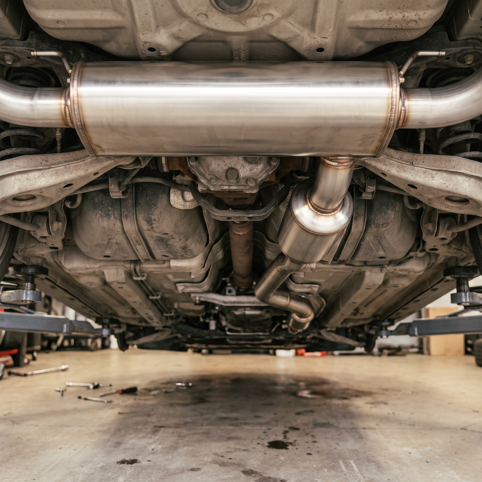 Polished stainless muffler and resonator under a Ford Mustang on a lift