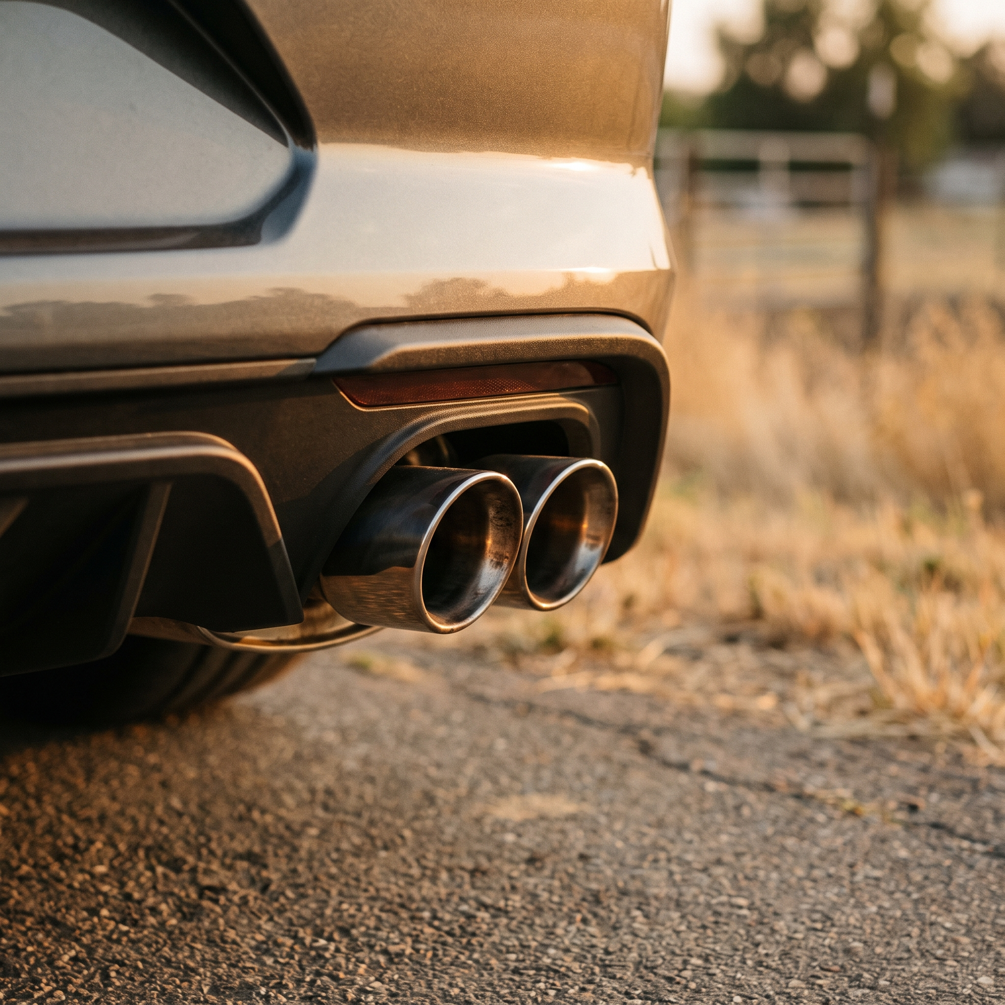 Quad polished stainless axle-back exhaust tips on a Ford Mustang GT rear bumper