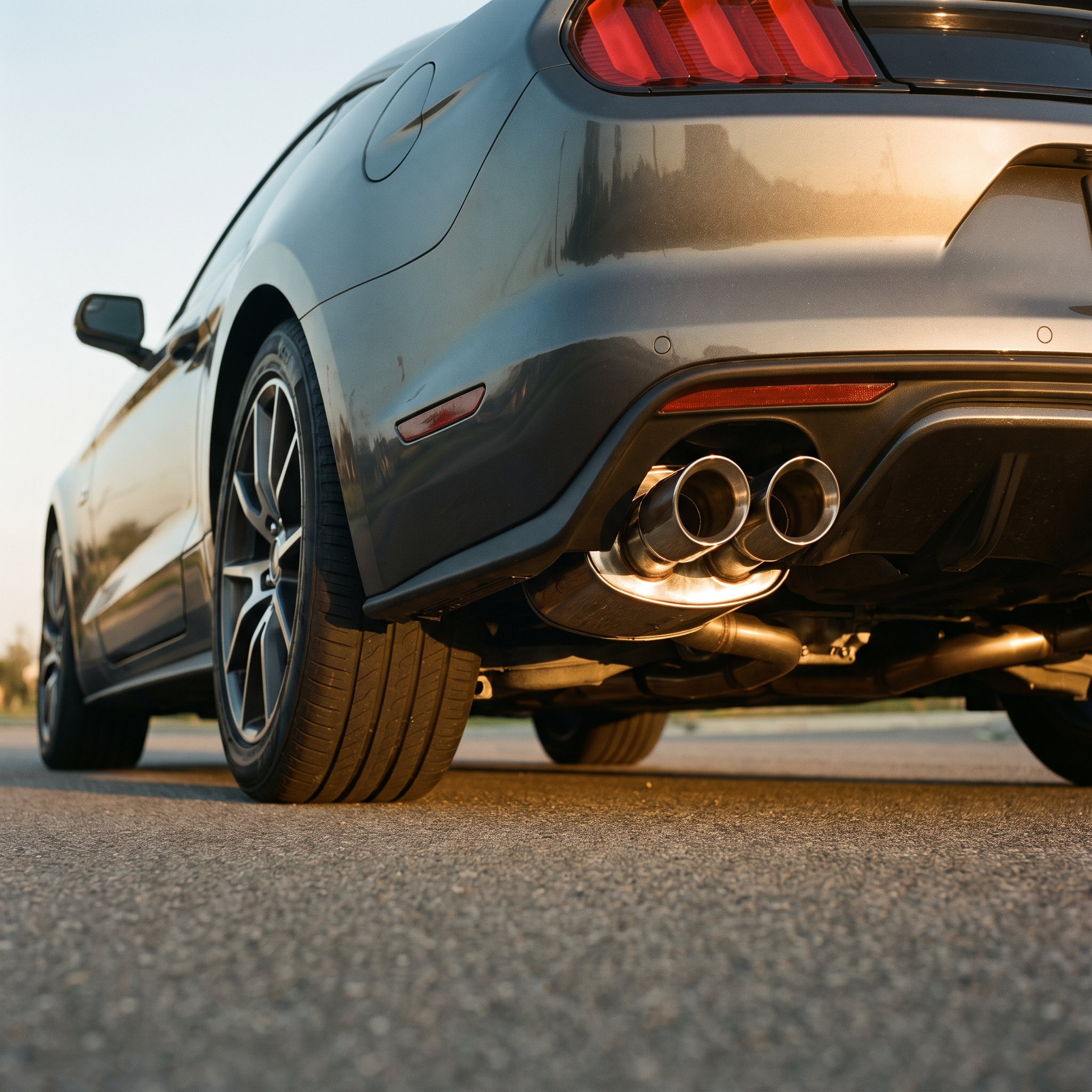 Polished stainless cat-back exhaust with dual tips on a 2015-2023 Ford Mustang GT