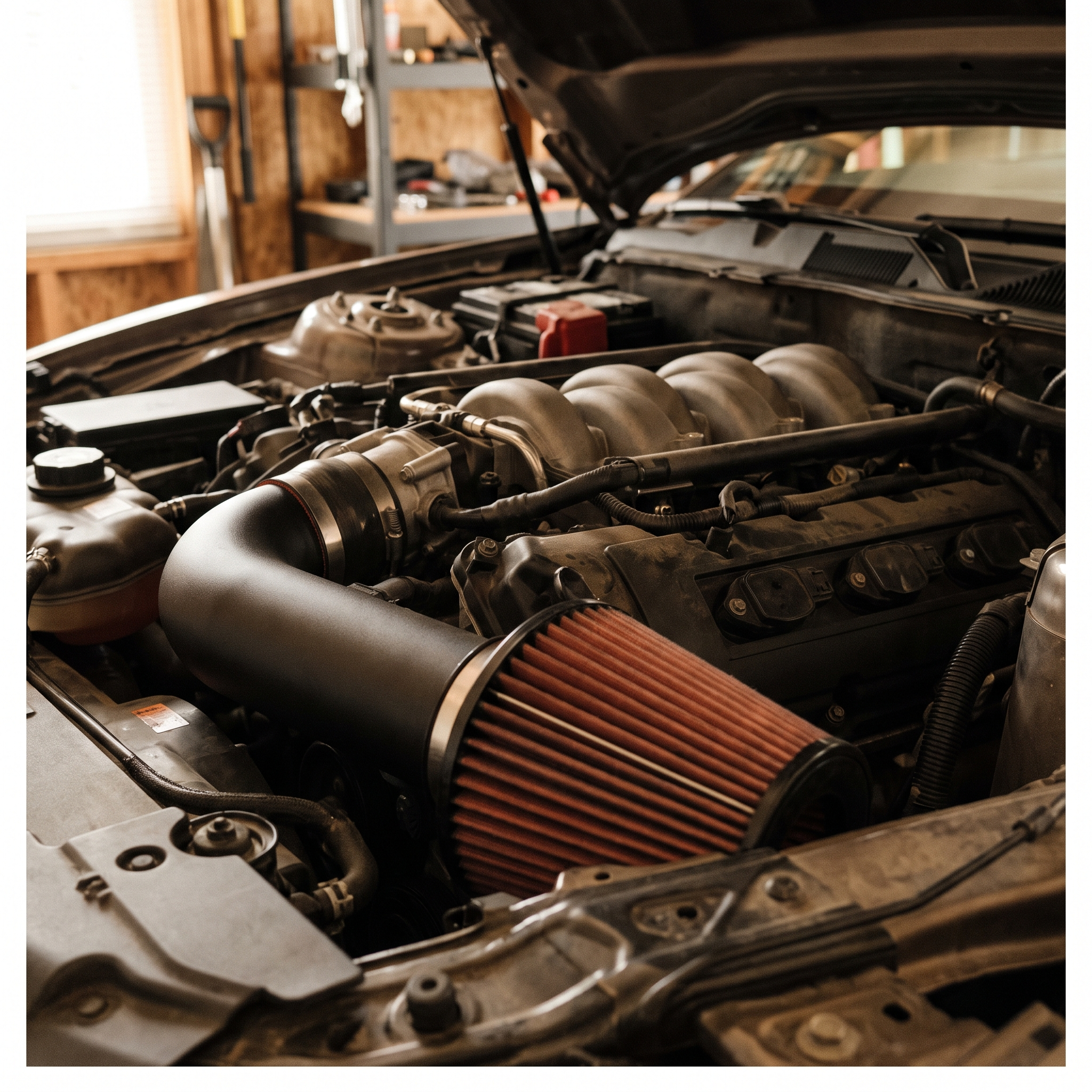 Aftermarket cold air intake with a conical filter installed on a Ford Coyote 5.0 V8 in a Mustang engine bay