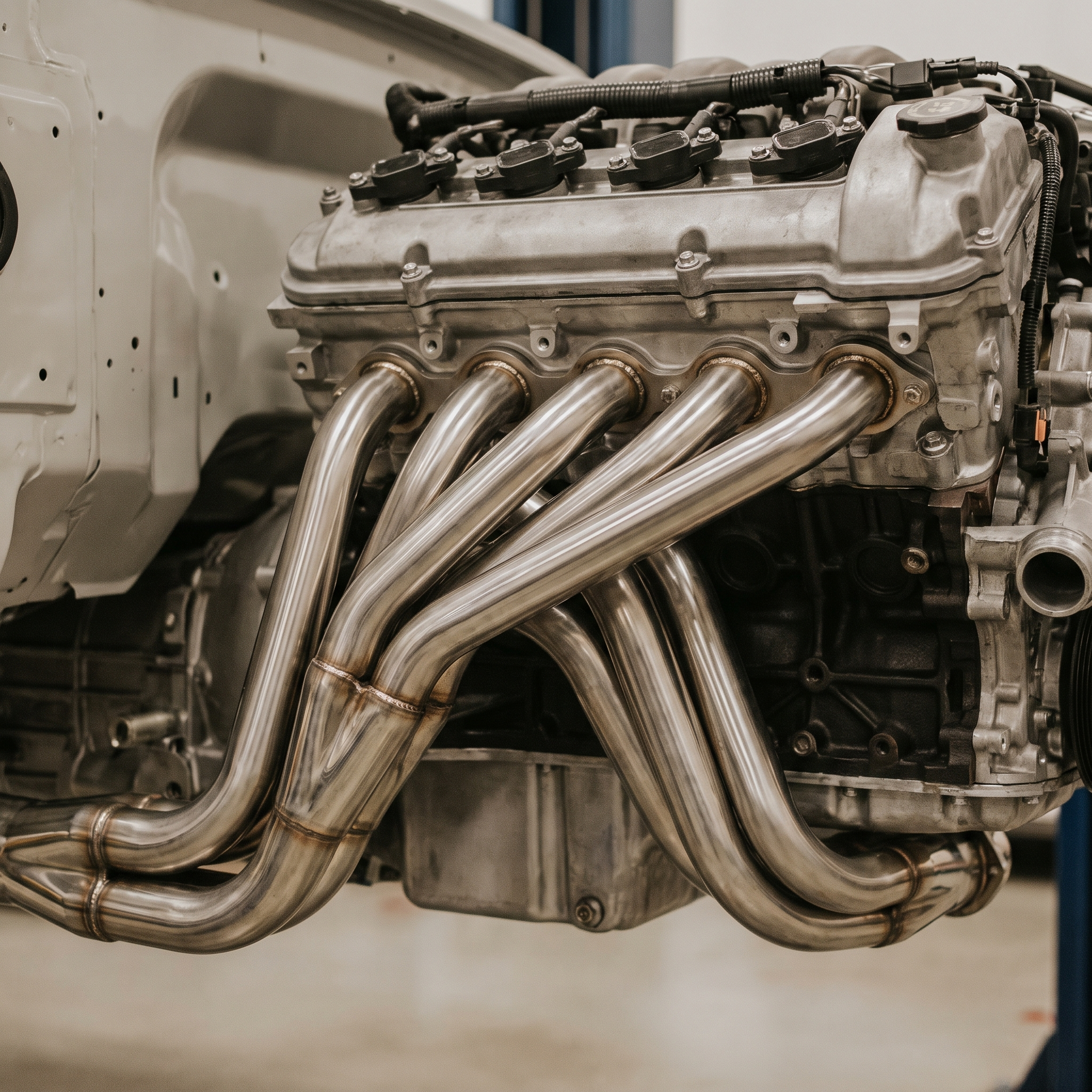 Long-tube stainless steel headers installed on a Ford Coyote 5.0 V8