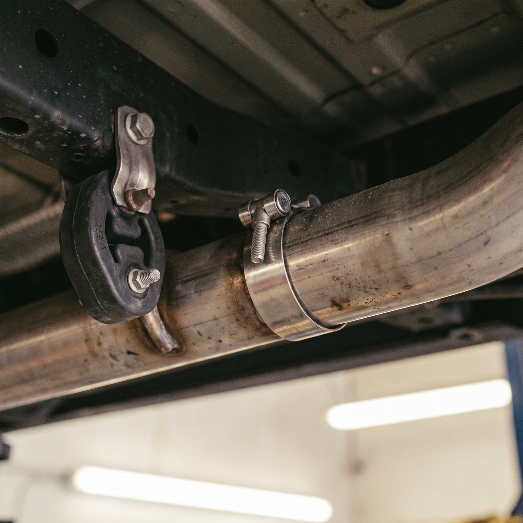 Stainless exhaust band clamp and hanger installed under a vehicle