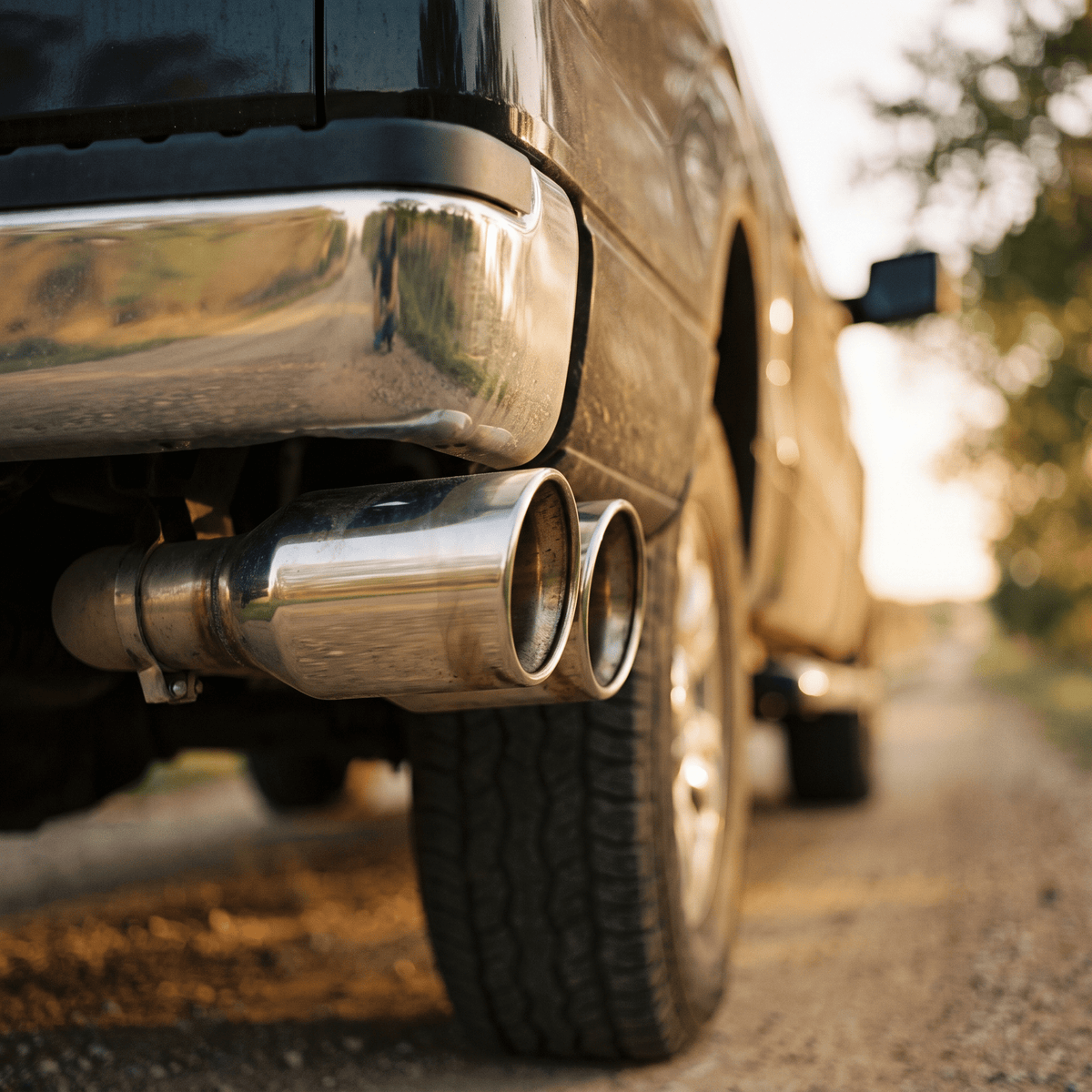 Polished stainless steel dual exhaust tip on dark truck rear bumper